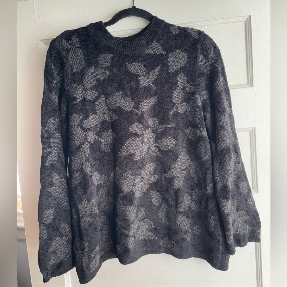 J Jill Black Soft Plush Textured Pullover Floral Crewneck Sweater